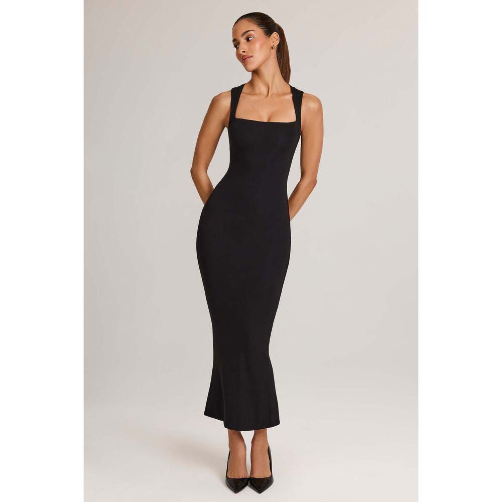 Oh Polly Modal Square-Neck Bodycon Midi Dress in Black 4
